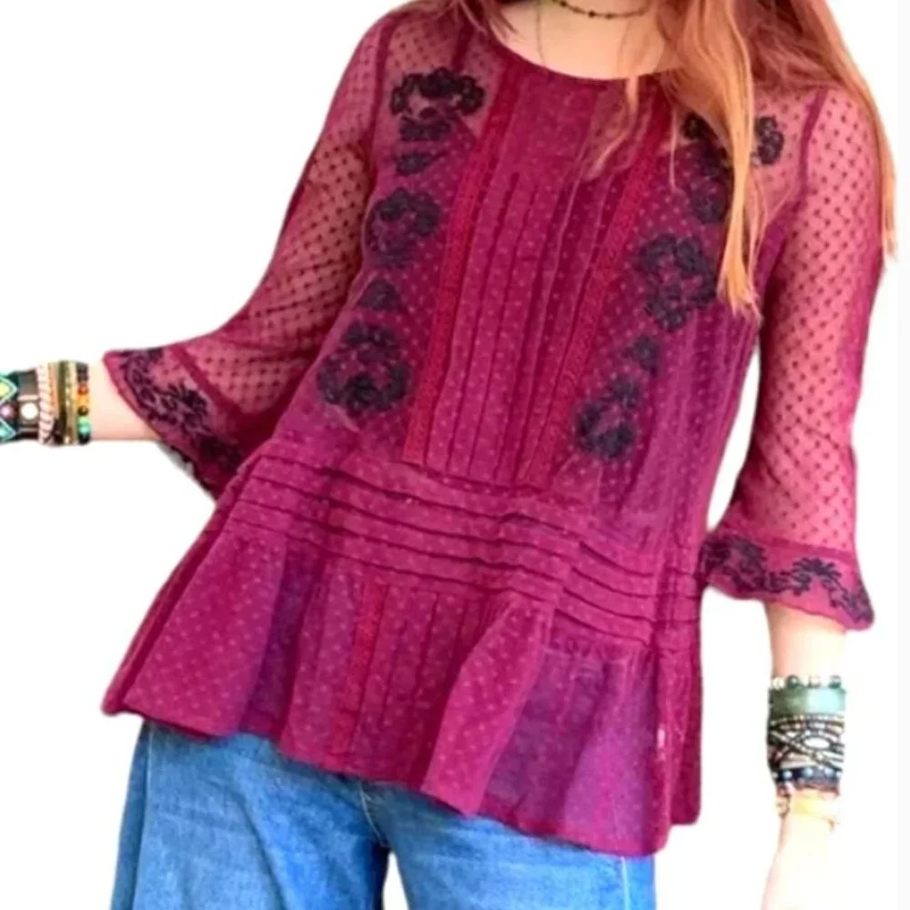 Free People jocelyn burgundy swiss dot lace mesh long sleeve top - Picture 5 of 11